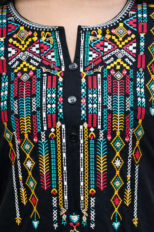 Black Multicolor Ethnic Embroidered Tunic Top | Vaamii