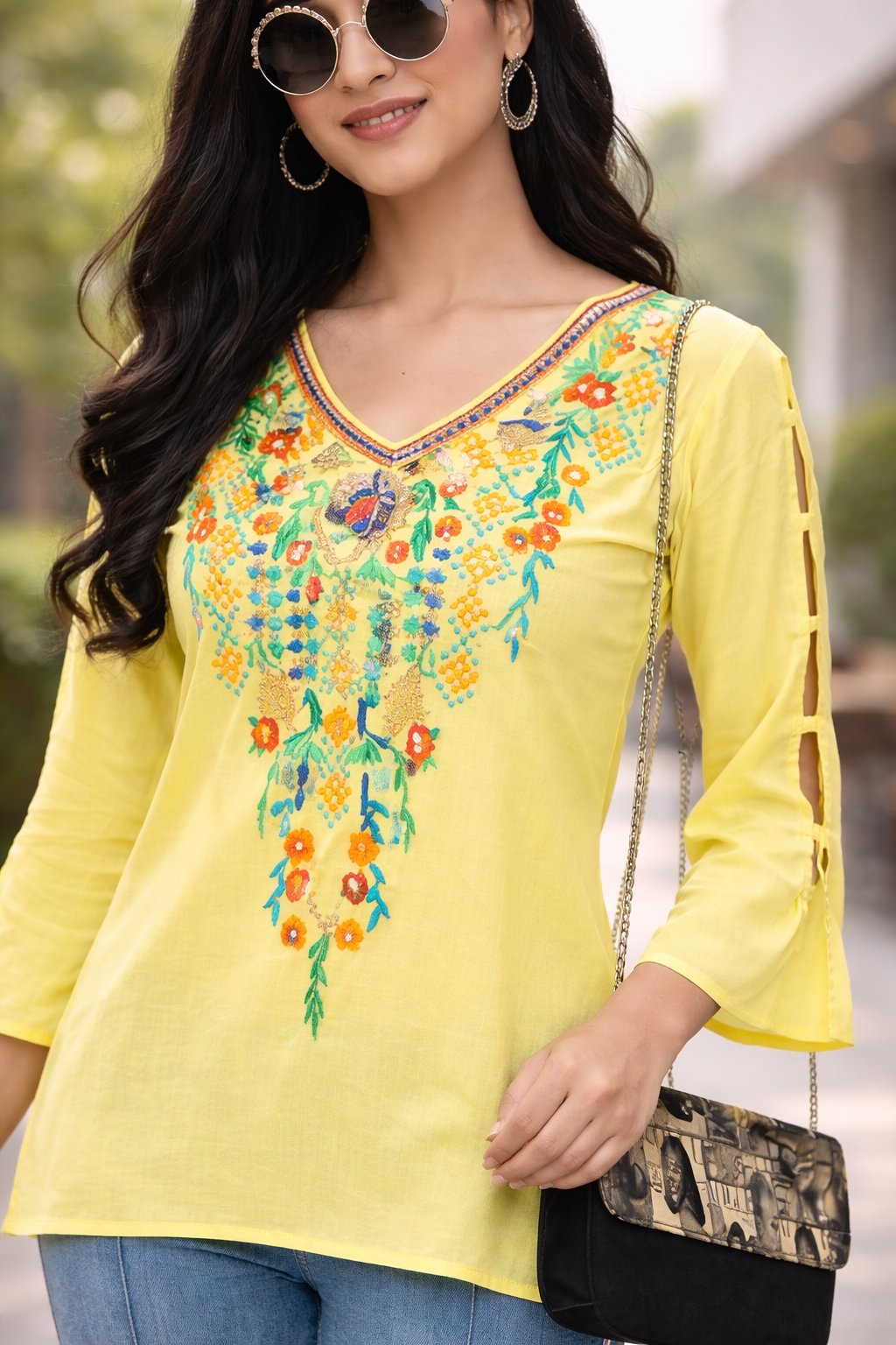 Lime Yellow Floral Yoke Embroidered Straight Top | Vaamii