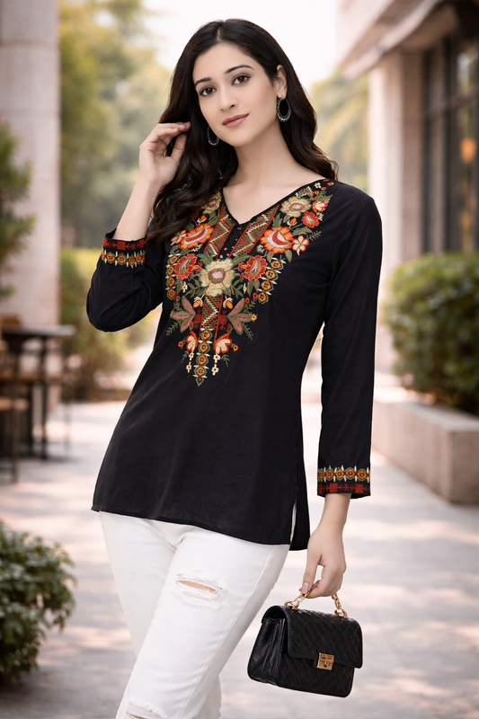 Black Floral Yoke Embroidered Straight Top | Vaamii