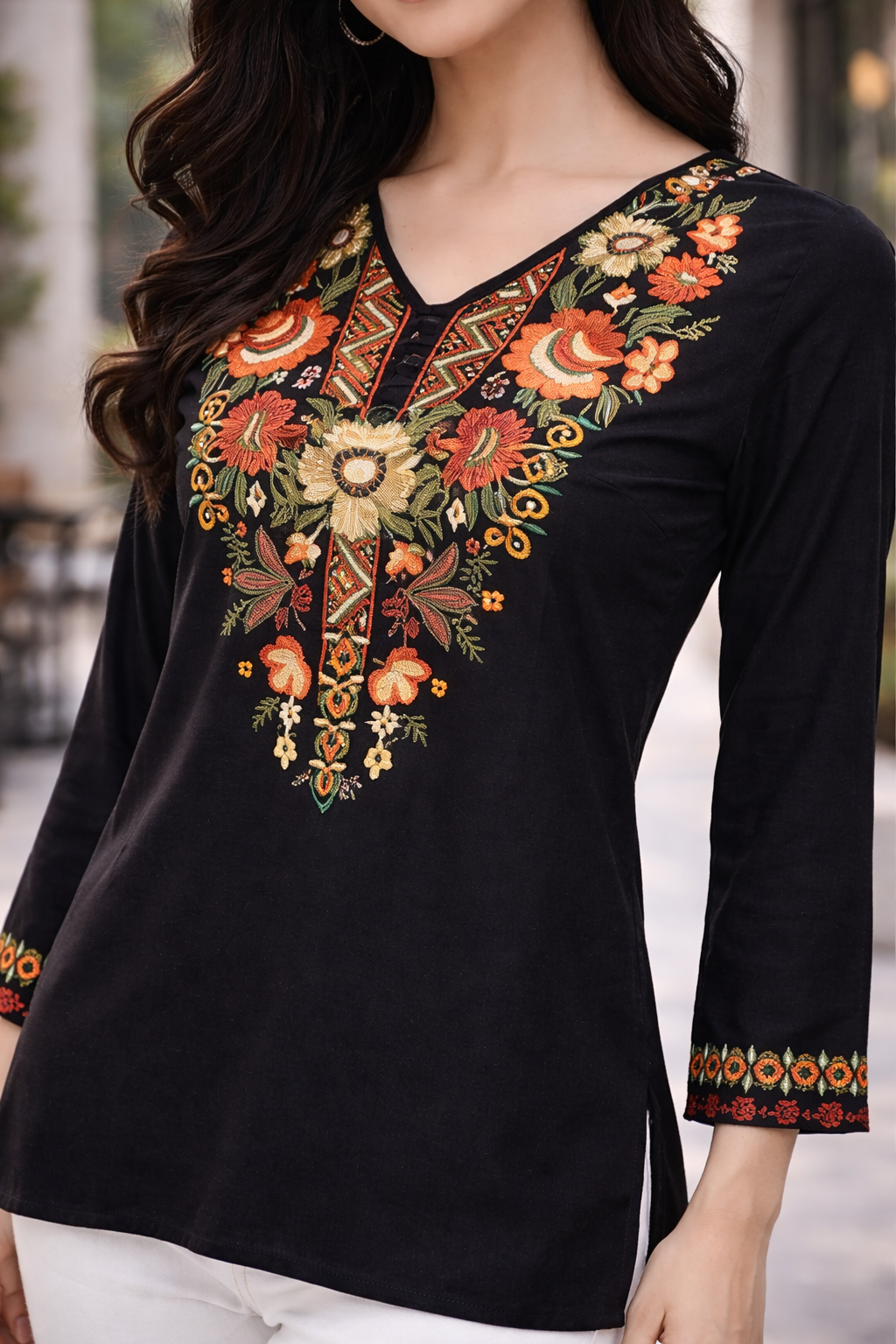 Black Floral Yoke Embroidered Straight Top | Vaamii