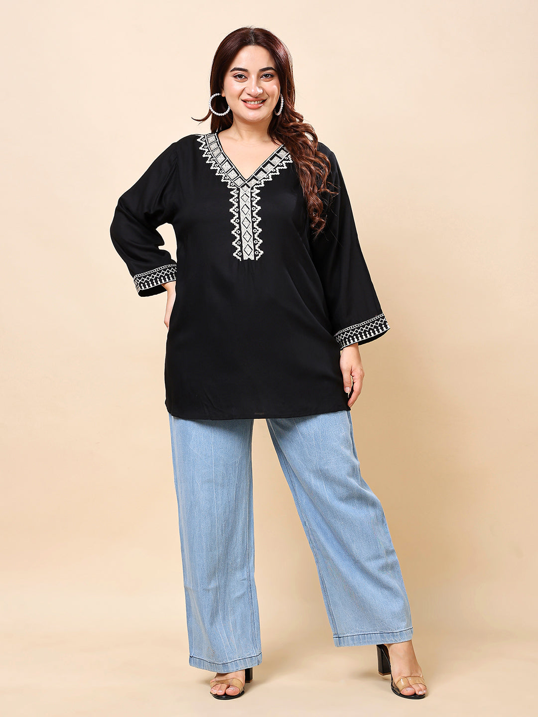 Black Rayan Embroidered V-Neck Top for Women | Vaamii