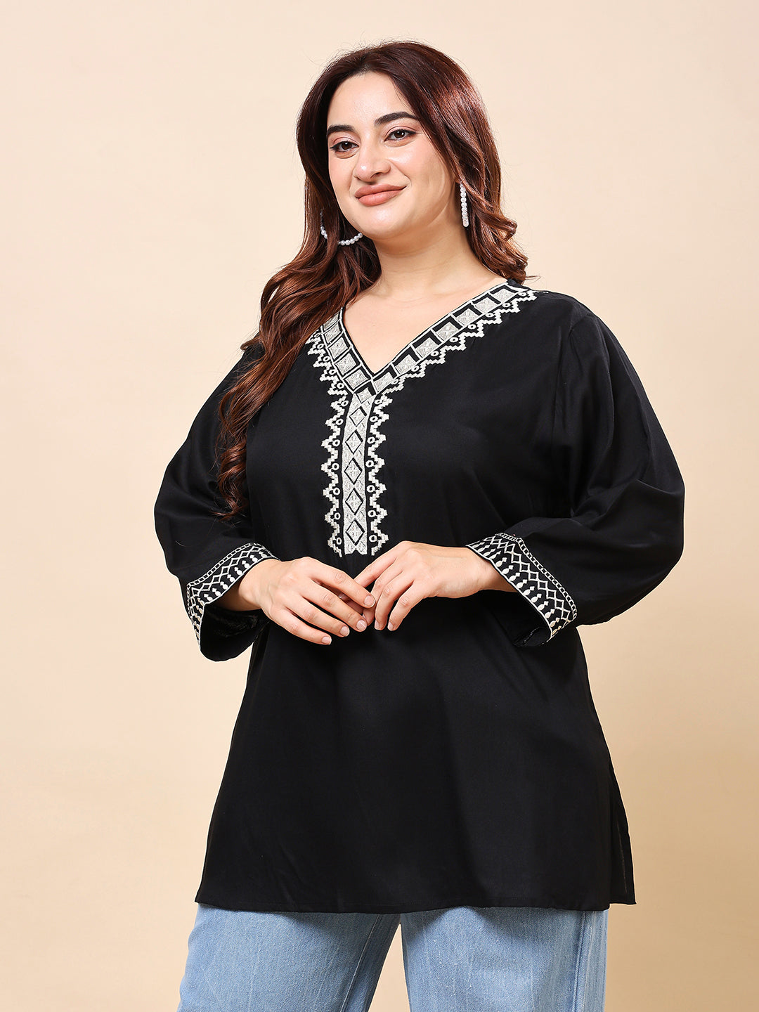 Black Rayan Embroidered V-Neck Top for Women | Vaamii