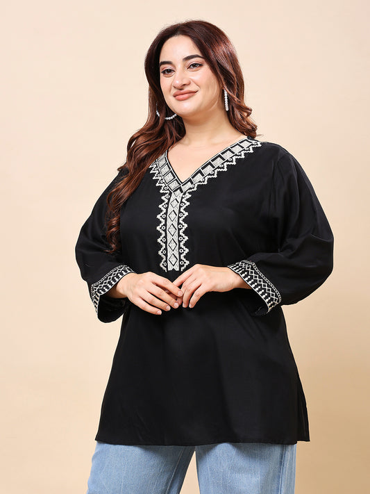 Black Rayan Embroidered V-Neck Top for Women | Vaamii