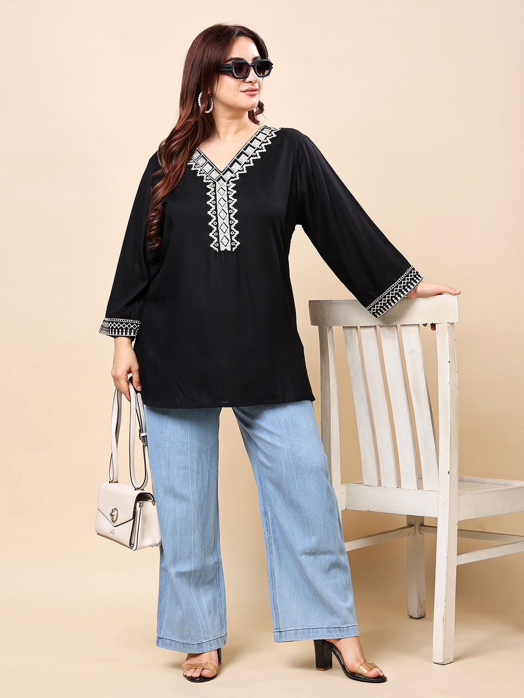 Black Rayan Embroidered V-Neck Top for Women | Vaamii