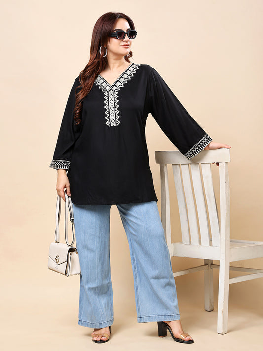Black Rayan Embroidered V-Neck Top for Women | Vaamii
