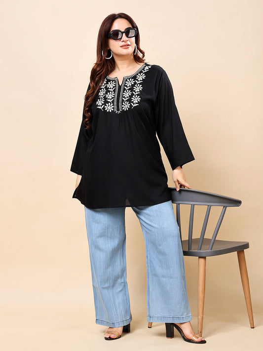 Black White Daisy Embroidered Rayon Tunic Top  | Vaamii