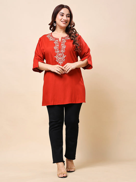 Red Rayan Embroidered Neckline Top for Women | Vaamii