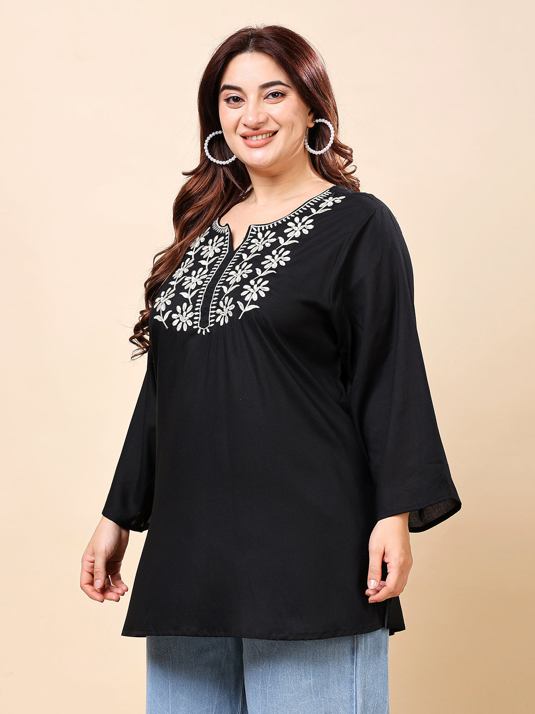 Black White Daisy Embroidered Rayon Tunic Top  | Vaamii