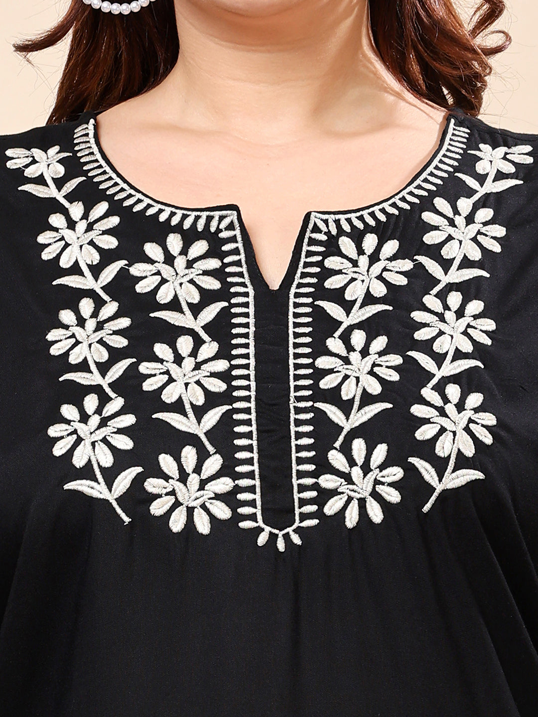 Black White Daisy Embroidered Rayon Tunic Top  | Vaamii