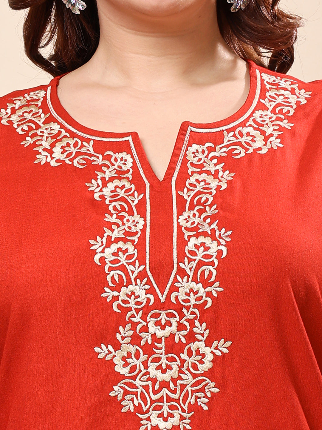 Red Rayan Embroidered Neckline Top for Women | Vaamii