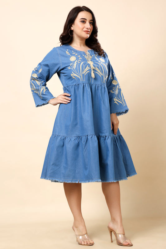 Denim Blue Embroidered Tiered A-Line Dress for Women