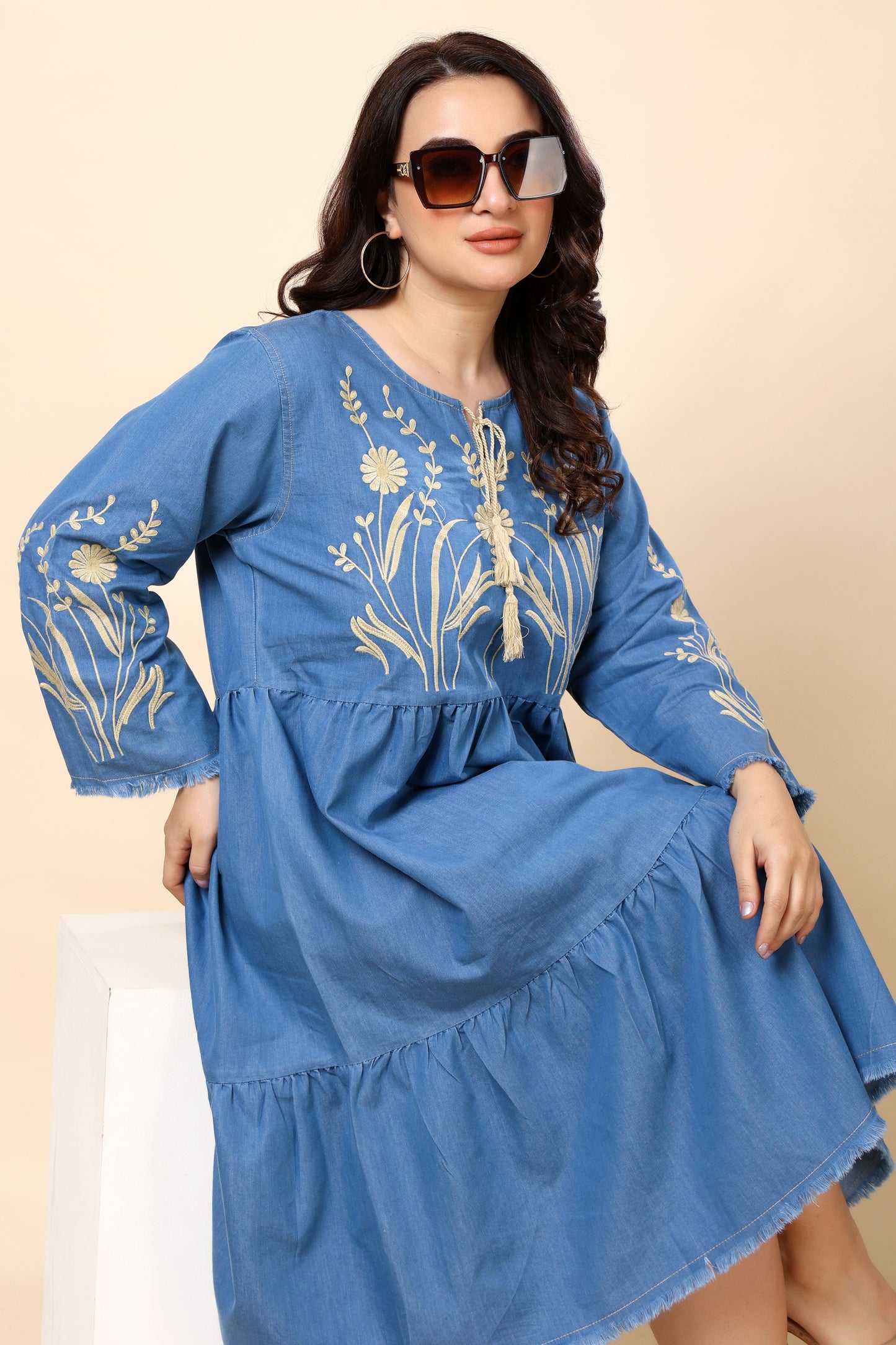 Denim Blue Embroidered Tiered A-Line Dress for Women
