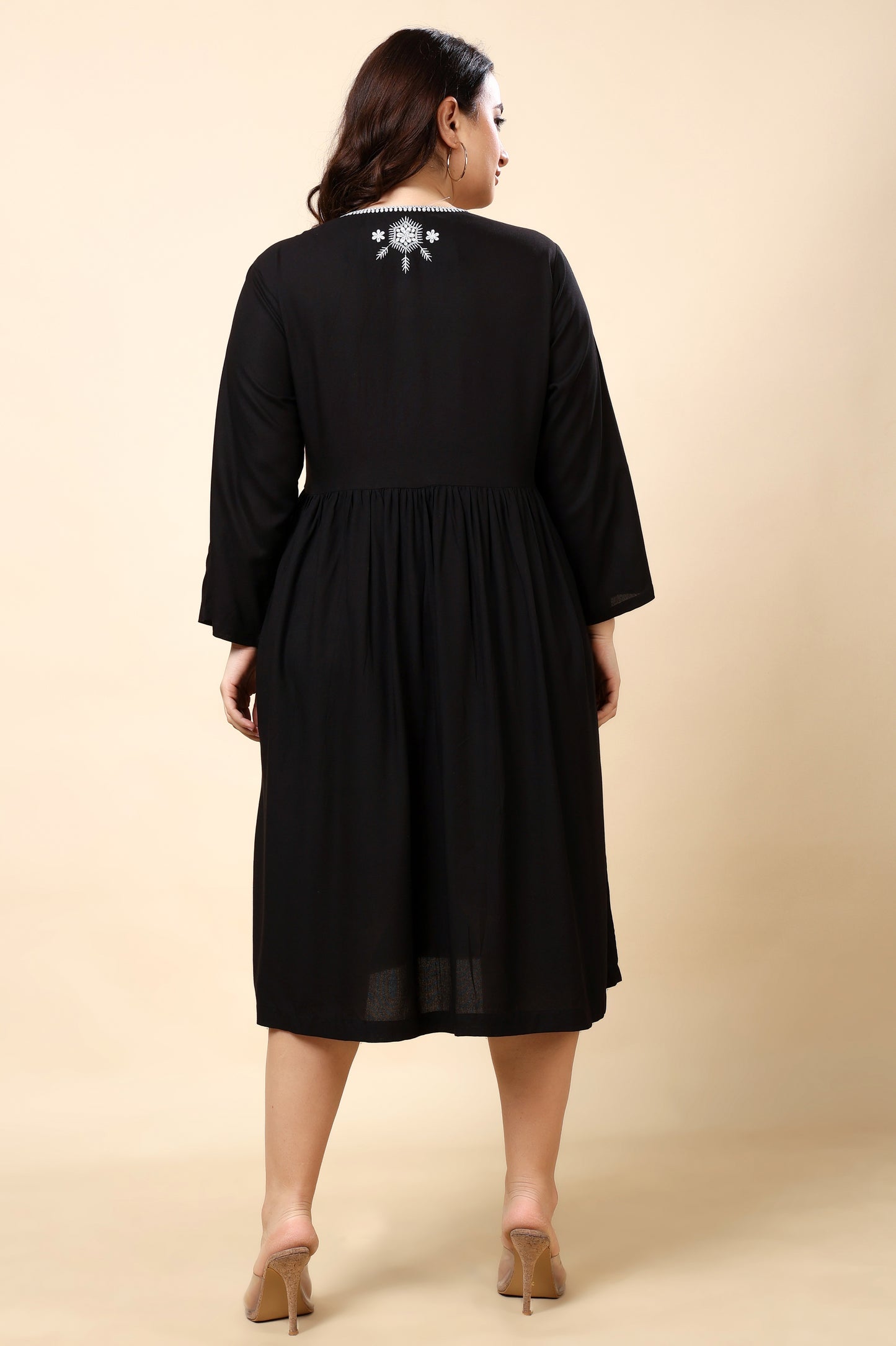 Black Plus Size Embroidered A-Line Midi Dress for Women