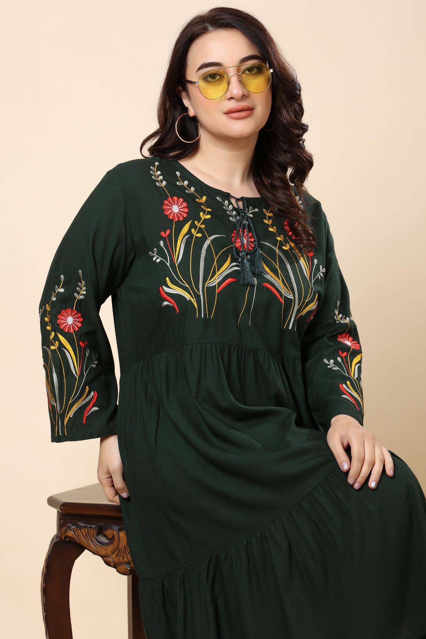 Forest Green Plus Size Embroidered Tiered Midi Dress for Women