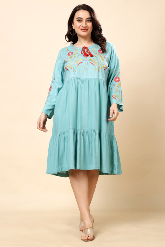 Aqua Blue Embroidered Tiered Midi Dress for Women (Sizes S to 6XL)