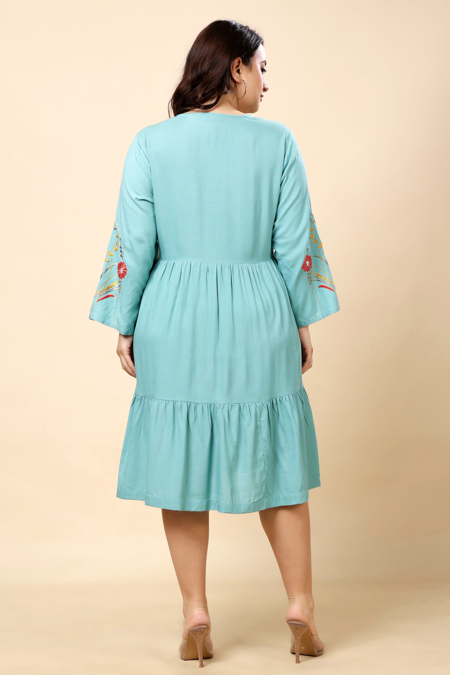 Aqua Blue Embroidered Tiered Midi Dress for Women (Sizes S to 6XL)