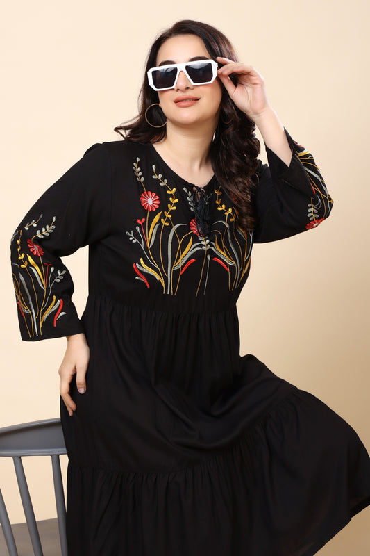 Black Embroidered A-Line Midi Dress for Women (Sizes S to 6XL)