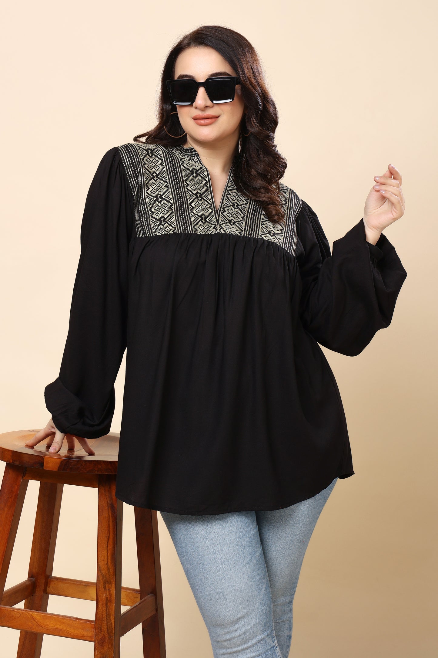 Black Embroidered Long-Sleeve Top for Women (Sizes S to 6XL)