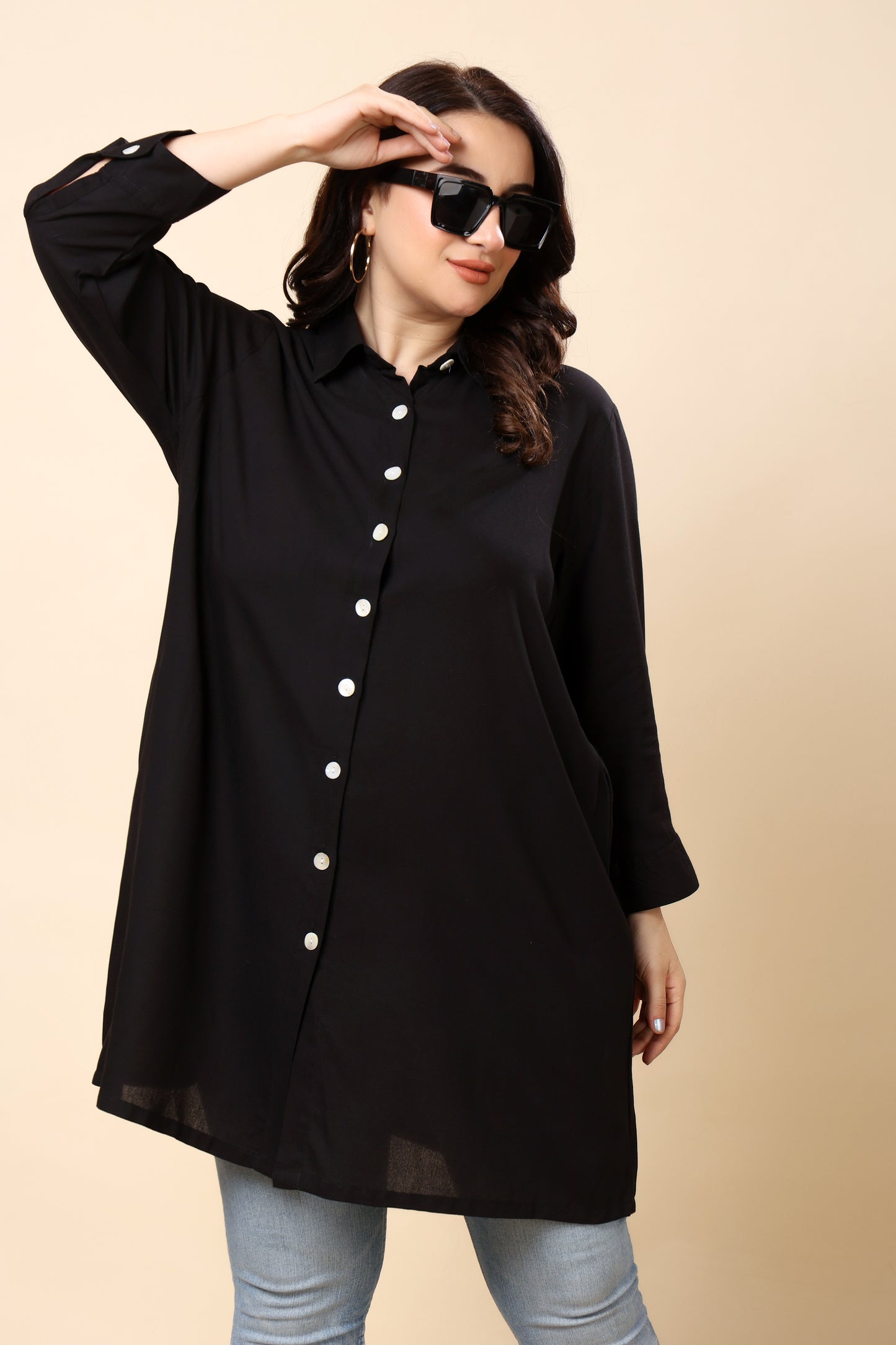 Black Button-Down Shirt Tunic for Women (Sizes S to 6XL)