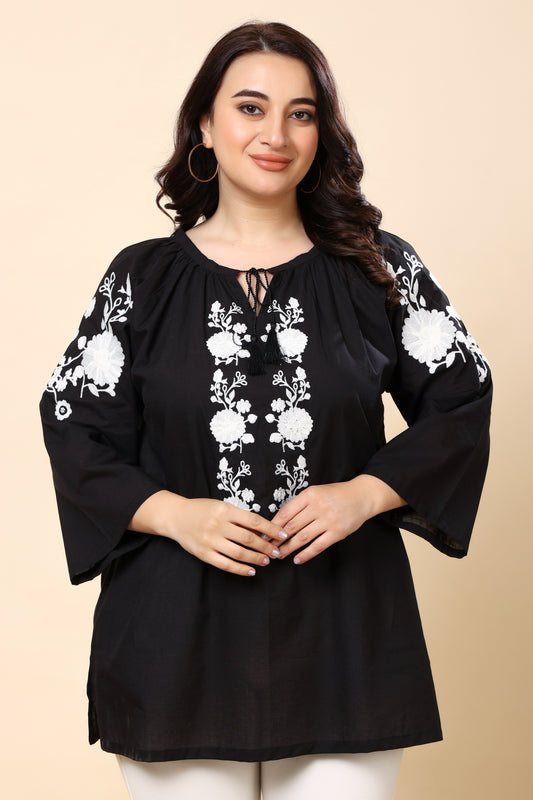 Black Embroidered Long-Sleeve Top for Women (Sizes S to 6XL)