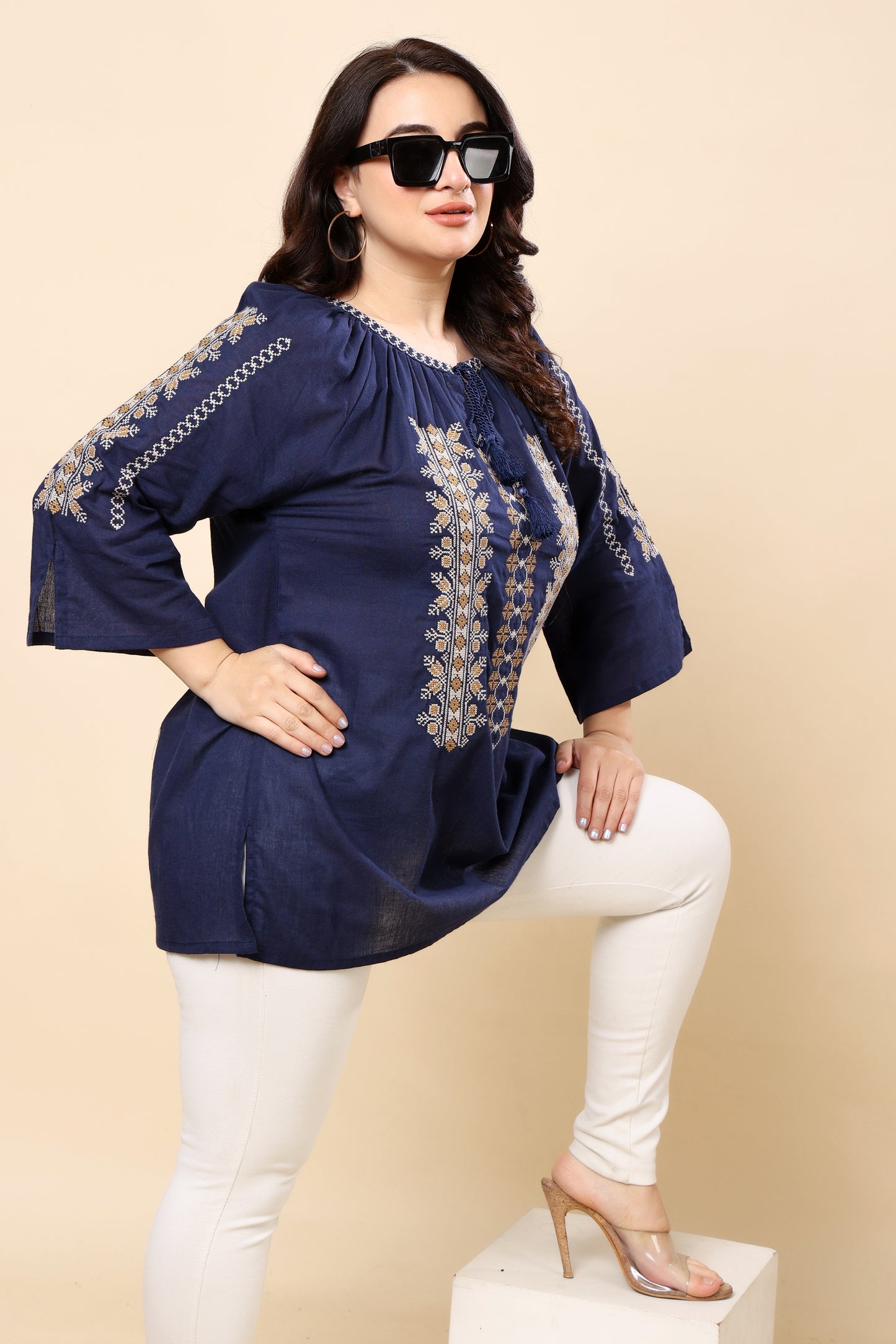 Navy Embroidered 3/4 Sleeve Top for Women (Sizes S to 6XL)
