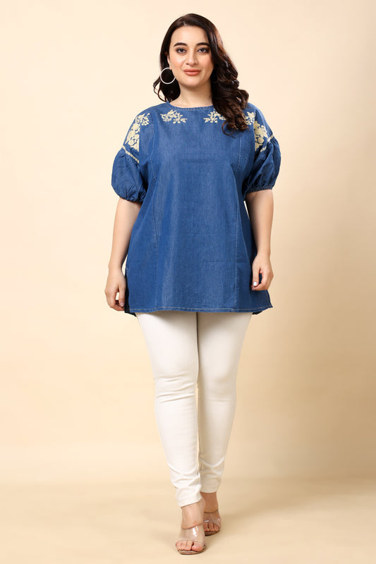 Embroidered Denim Puff Sleeve Top for Women (Sizes S to 6XL)