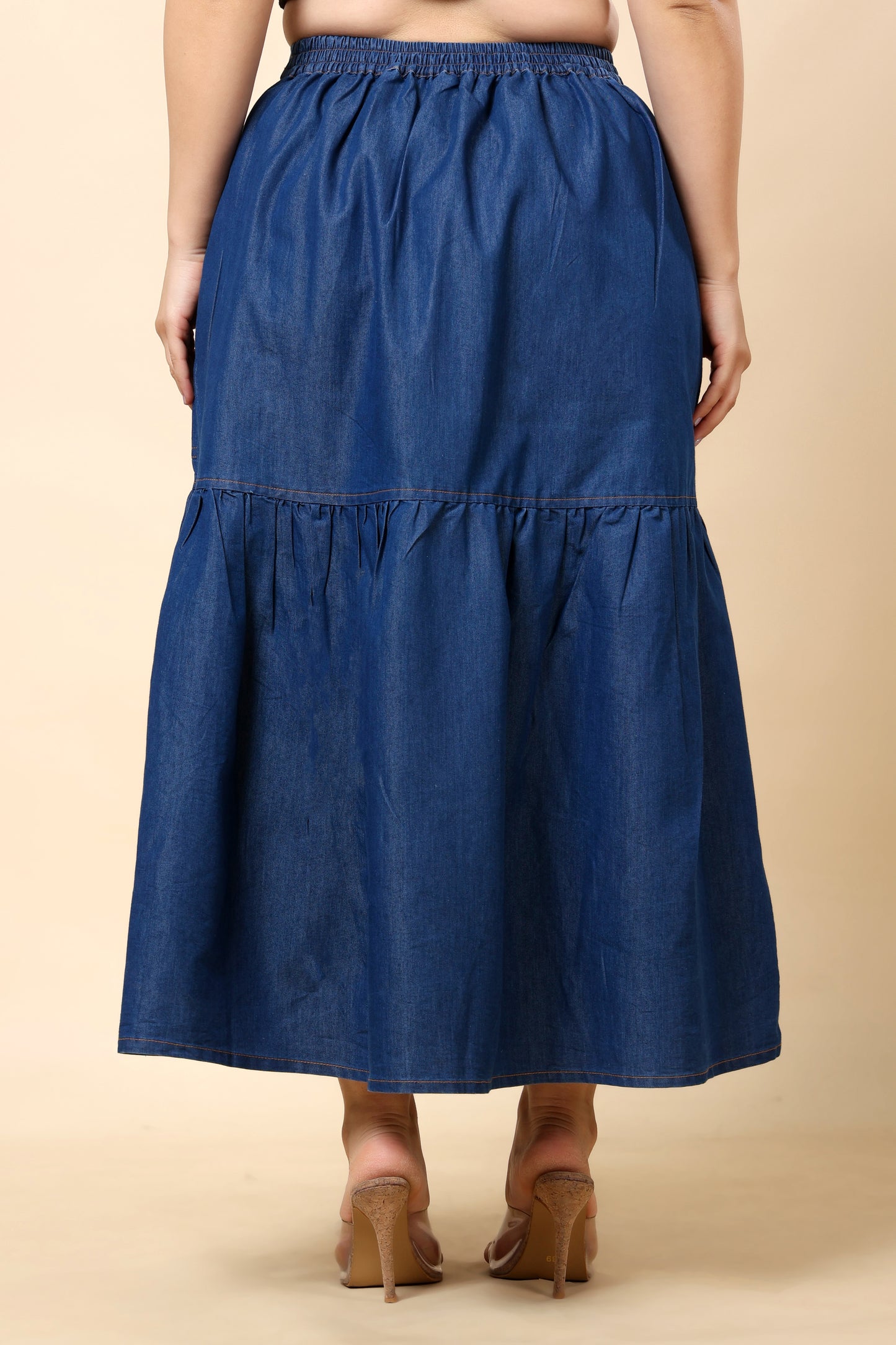 Denim Button-Front Maxi Skirt with Pockets (Sizes S to 6XL)