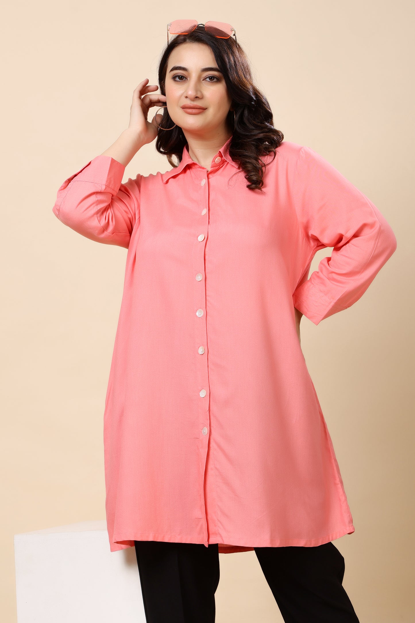 Peach Button-Down Shirt Tunic for Women (Sizes S to 6XL)