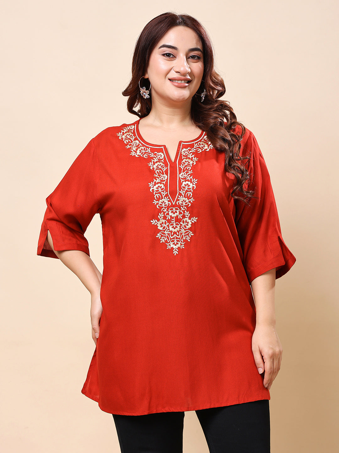 Red Rayan Embroidered Neckline Top for Women | Vaamii