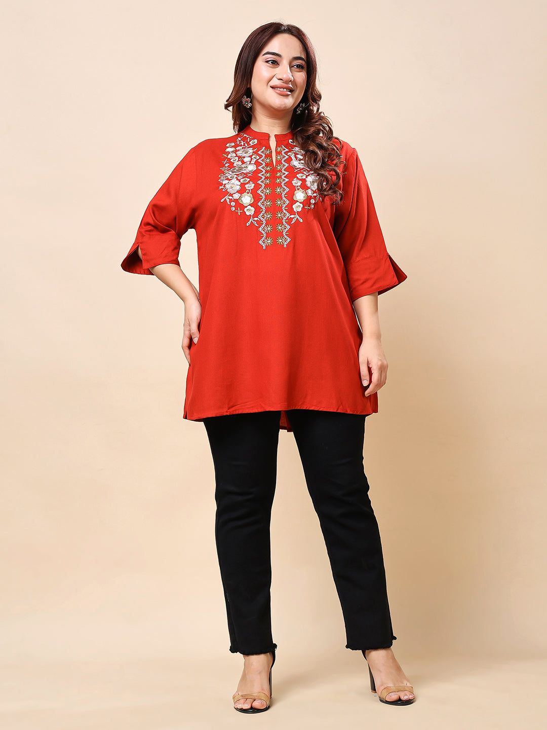 Red Plus Size Embroidered Rayon Tunic Top for Women | Vaamii