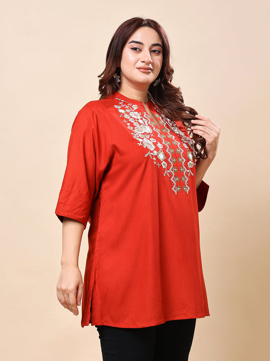 Red Plus Size Embroidered Rayon Tunic Top for Women | Vaamii