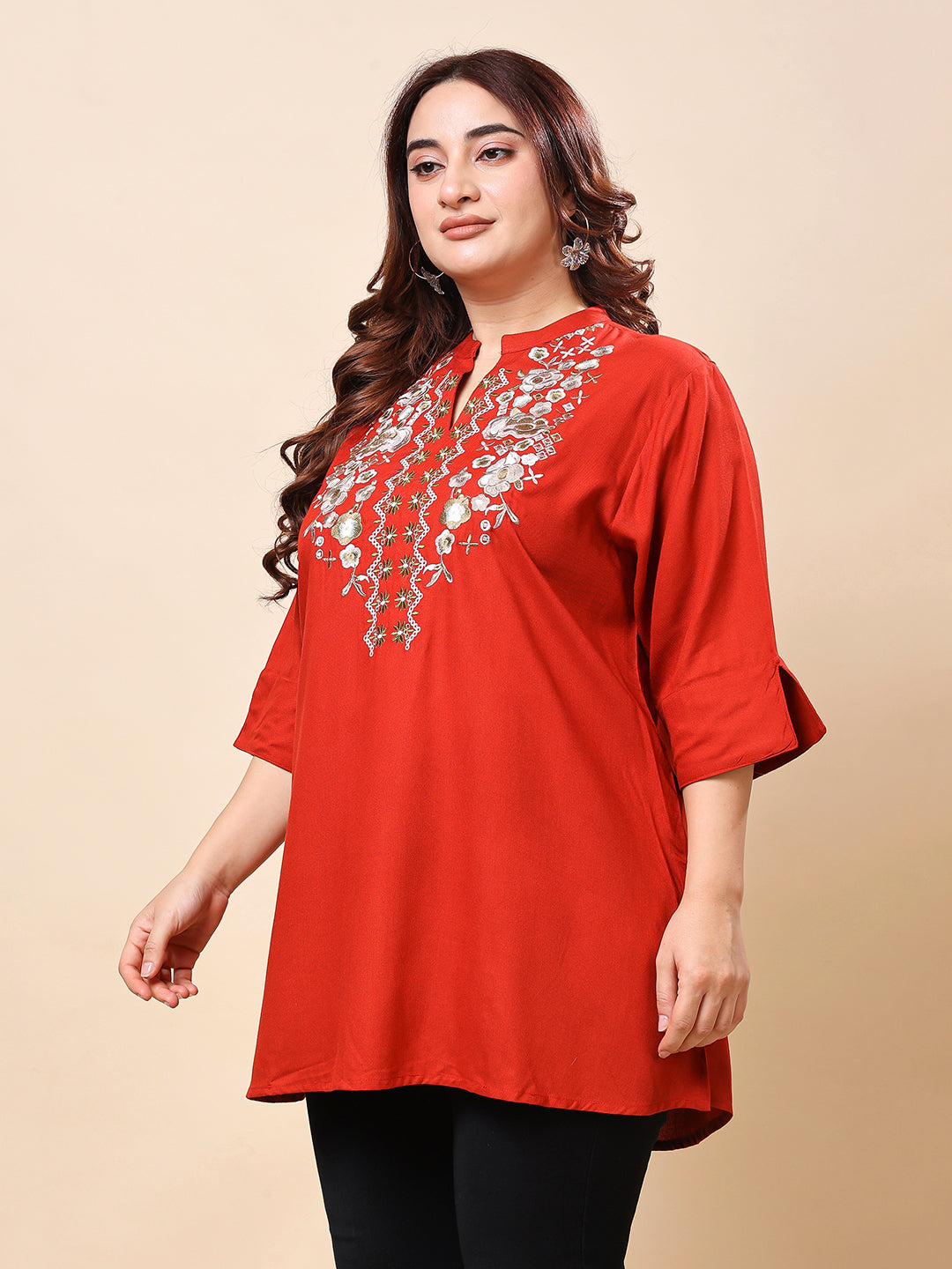Red Plus Size Embroidered Rayon Tunic Top for Women | Vaamii