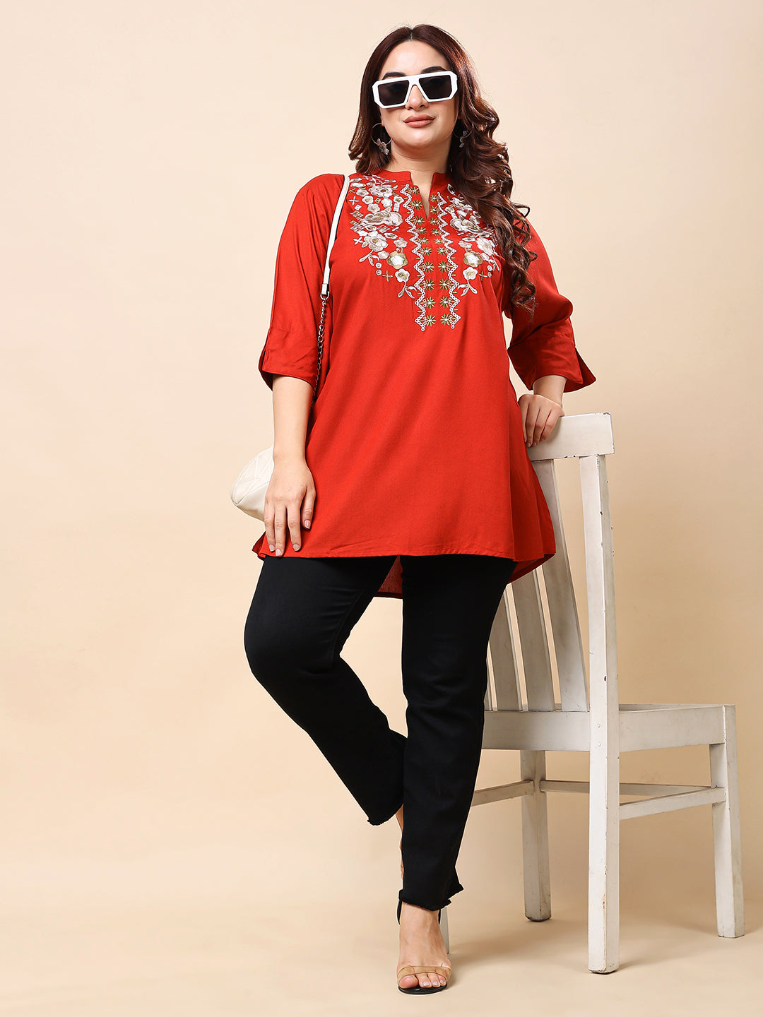 Red Plus Size Embroidered Rayon Tunic Top for Women | Vaamii