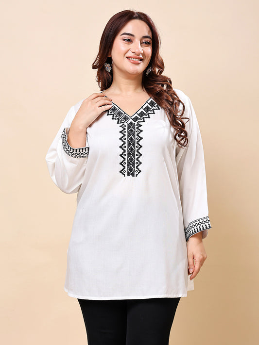 White Plus Size Embroidered Rayon Tunic Top for Women (XXL–6XL) | Vaamii