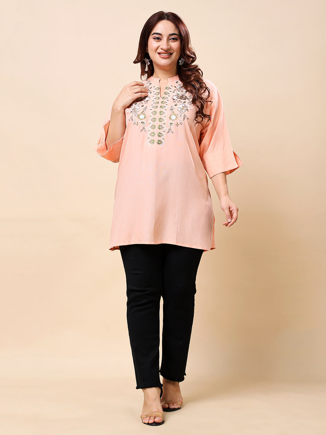 Peach Plus Size Embroidered Rayon Tunic Top for Women | Vaamii