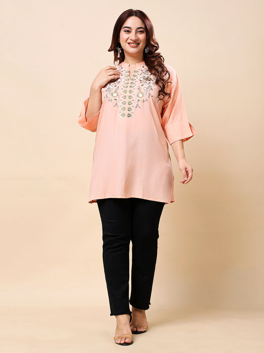 Peach Plus Size Embroidered Rayon Tunic Top for Women | Vaamii