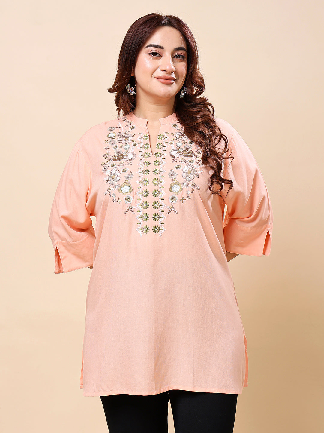 Peach Plus Size Embroidered Rayon Tunic Top for Women | Vaamii