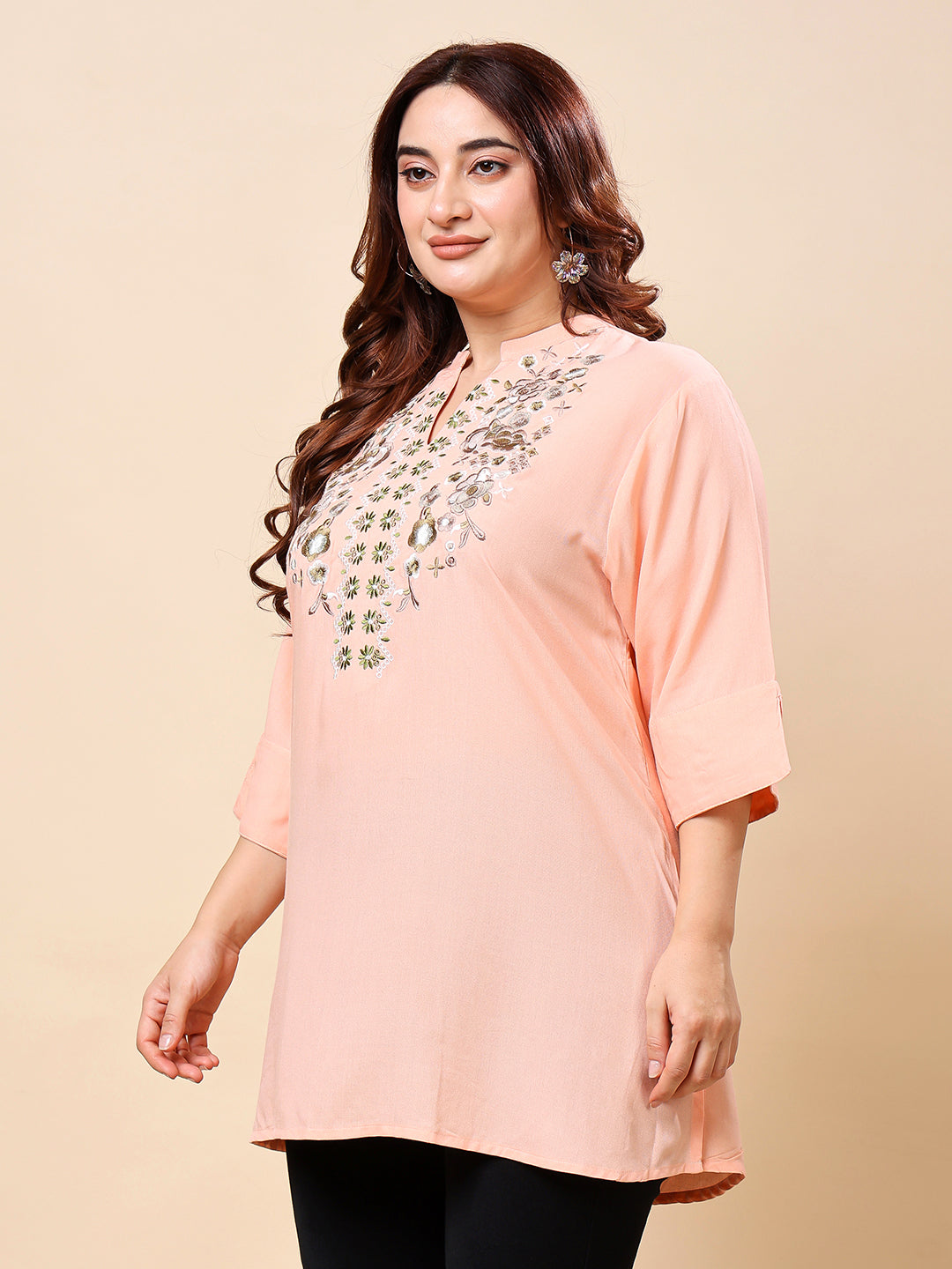 Peach Plus Size Embroidered Rayon Tunic Top for Women | Vaamii