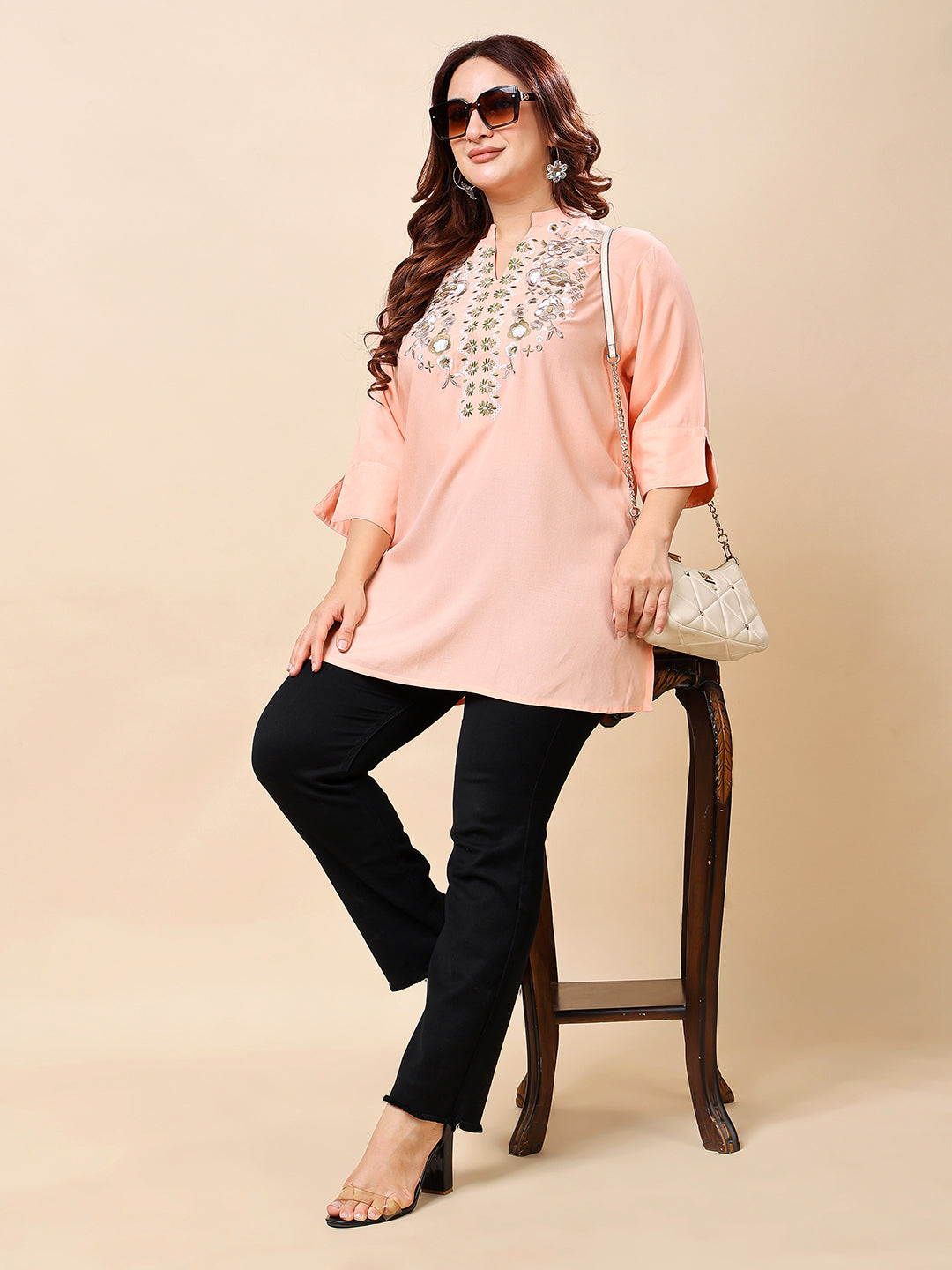 Peach Plus Size Embroidered Rayon Tunic Top for Women | Vaamii