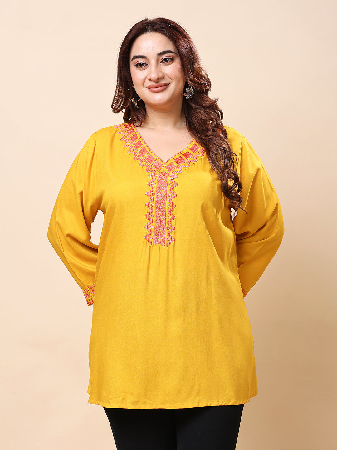 Yellow Plus Size Embroidered Rayon Tunic Top for Women| Vaamii