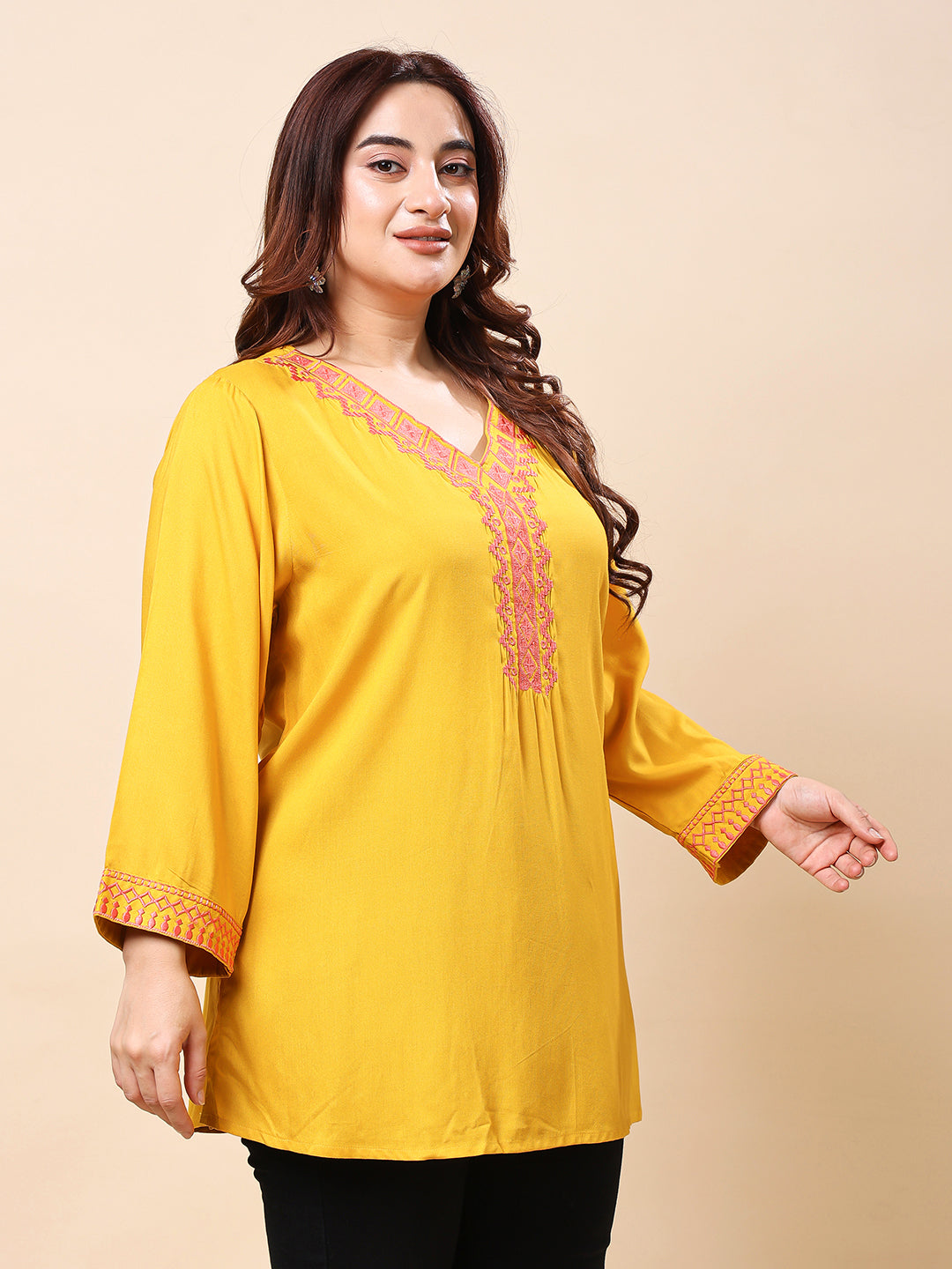 Yellow Plus Size Embroidered Rayon Tunic Top for Women| Vaamii