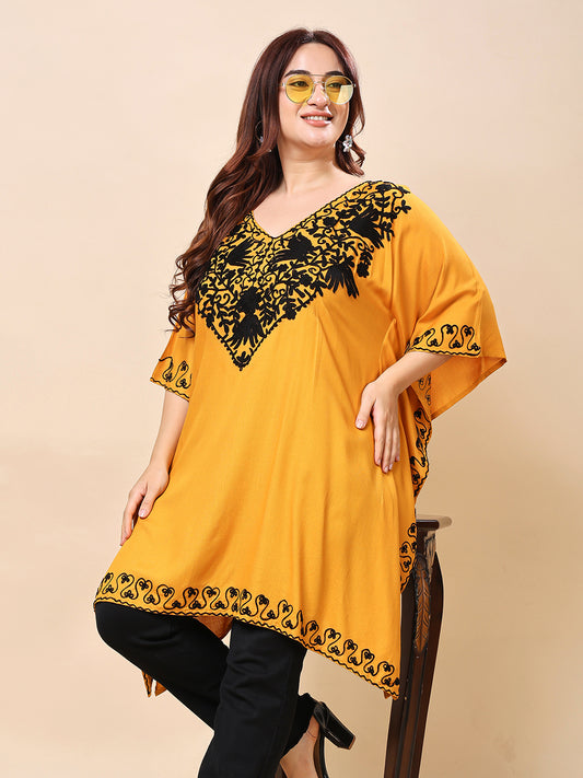 Mustard Yellow Plus Size Kaftan-Style Embroidered Rayon Tunic for Women | Vaamii