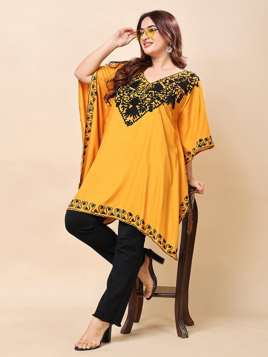 Mustard Yellow Plus Size Kaftan-Style Embroidered Rayon Tunic for Women | Vaamii