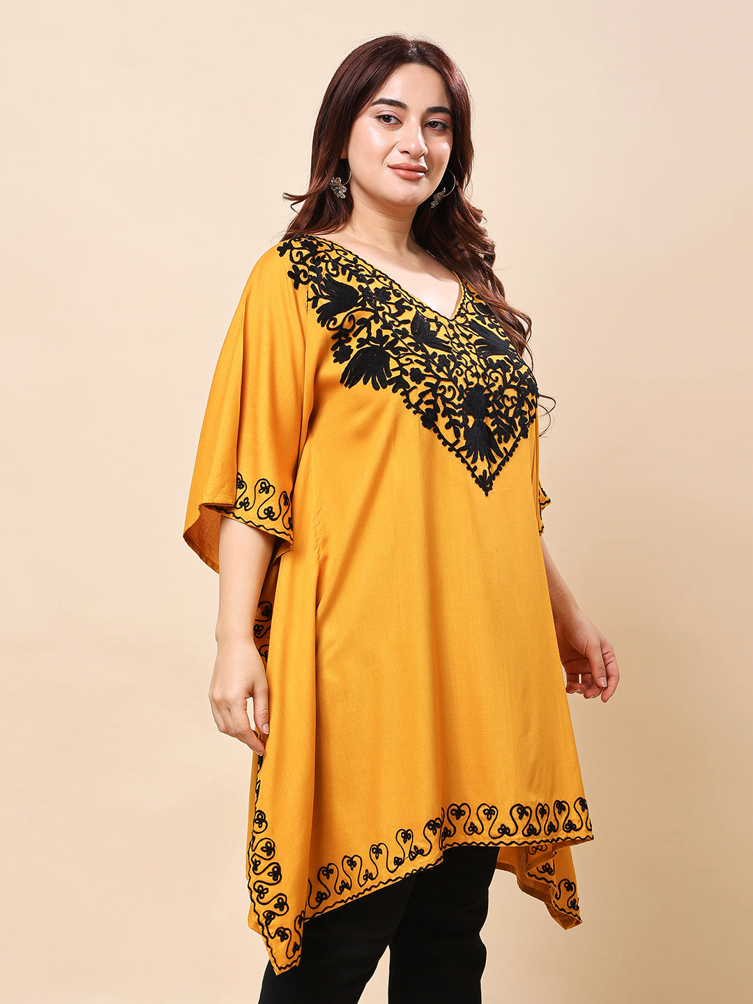 Mustard Yellow Plus Size Kaftan-Style Embroidered Rayon Tunic for Women | Vaamii