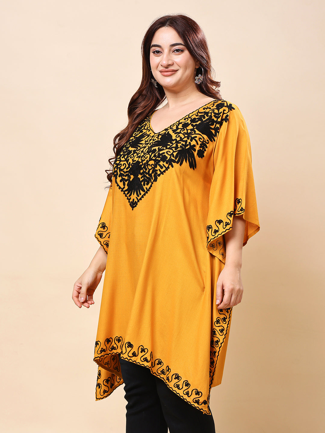 Mustard Yellow Plus Size Kaftan-Style Embroidered Rayon Tunic for Women | Vaamii