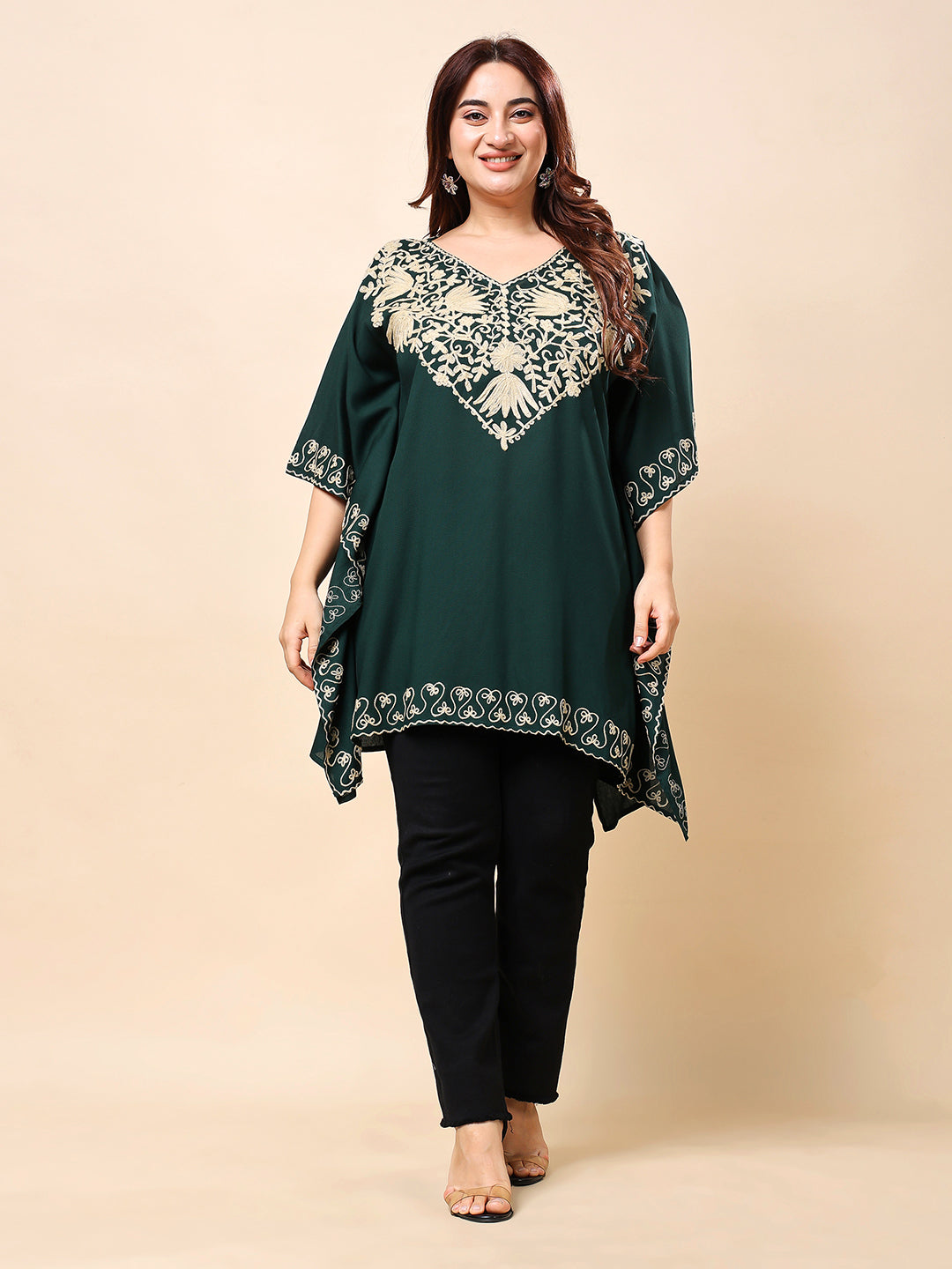 Dark Green Plus Size Kaftan-Style Embroidered Rayon Tunic for Women | Vaamii