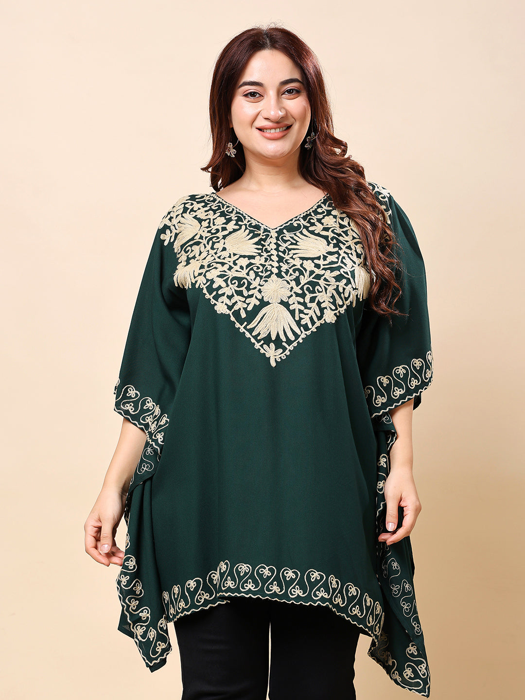 Dark Green Plus Size Kaftan-Style Embroidered Rayon Tunic for Women | Vaamii