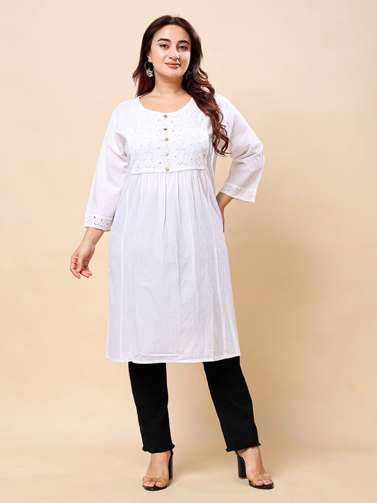 White Plus Size Long Rayon Kurti-Style Embroidered Tunic for Women | Vaamii