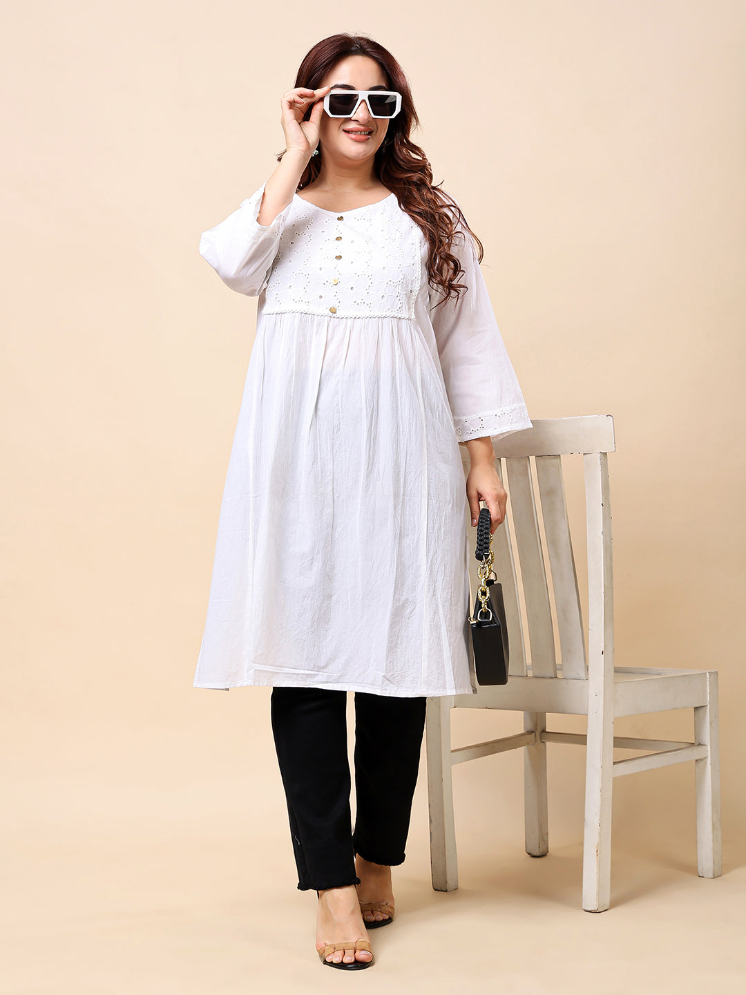 White Plus Size Long Rayon Kurti-Style Embroidered Tunic for Women | Vaamii