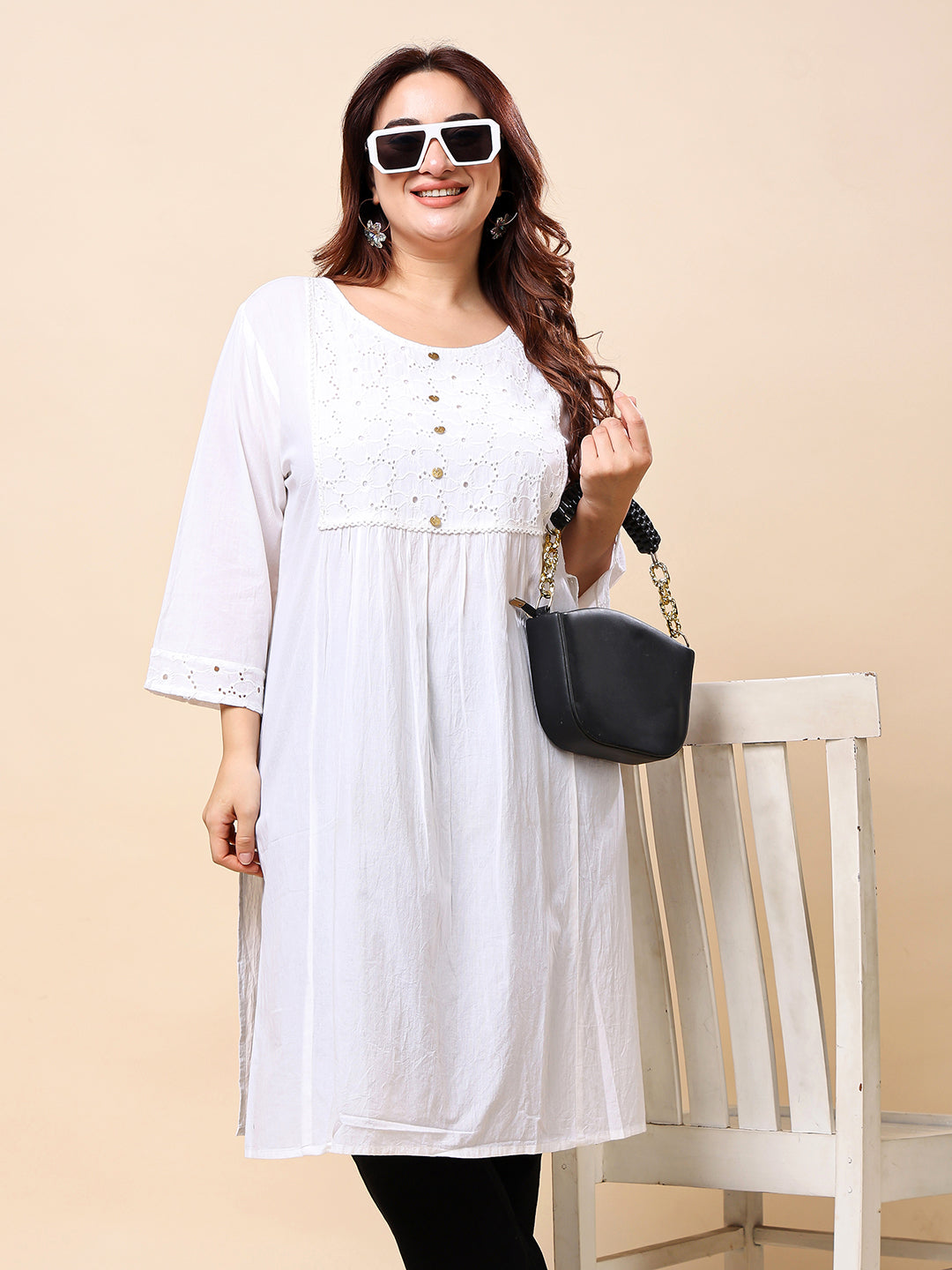 White Plus Size Long Rayon Kurti-Style Embroidered Tunic for Women | Vaamii